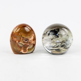 (2) Grouping of Stone and Glass Paperweights