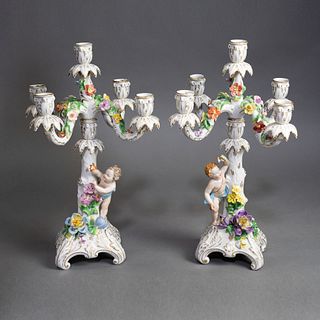 (2) Pair of Dresden Porcelain Cherub Candelabras