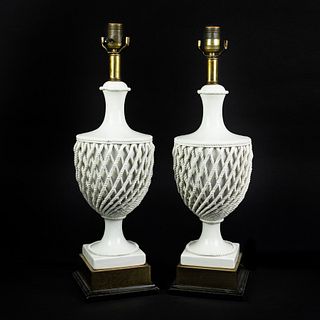 (2) Frederick Cooper White Lattice Ceramic Table Lamps