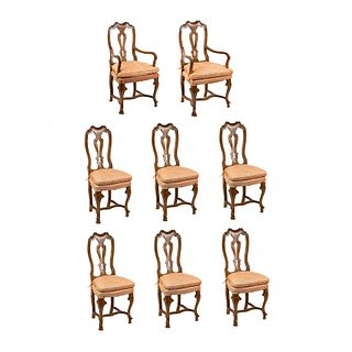 (8) 19th C. Italian Walnut Carved Upholstered Dining Chairs