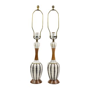 (2) Pair of Mid-Century Modern Ceramic & Teak Table Lamps
