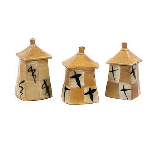 (3) Michael Simon Squared Lidded Stoneware Jars 