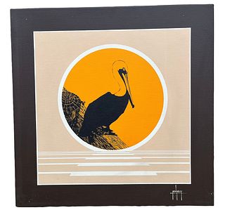 Mid Century Signed KEN KELLY Acrylic on Canvas of Pelican