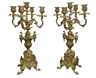 Pair Ornate French Brass Candleholders 