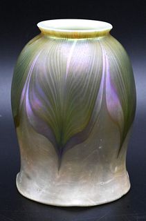 Tiffany Favrile Shade, art glass with pulled feather design, signed L.C.T., 2 3/16" at opening, height 5 inches.