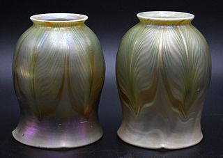 Two Tiffany Favrile Shades, to include art glass with pilled feather design, L.C.T. Favrile, 2 3/16 inches at opening, height 5 inches.