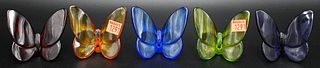 Set of Five Glass Baccarat Butterfly Figurines, to include blue, red, orange, green and purple, height 2 1/2 inches.
