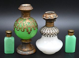 Group of Four Opaline Perfumes, to include green and white with metal overlay.