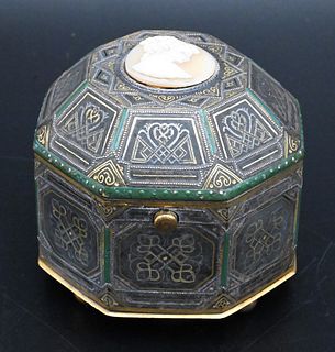 Russian Niello Enameled and Inlaid Box, octagon shape with cameo mounted top cover, height 3 inches top 3" x 3".
