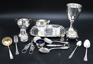 Sterling Silver Lot, to include one stem cup, small tray, sugar and creamer, bell, grape shears, spoons, etc., tray length 9 inches, 30 t. oz.