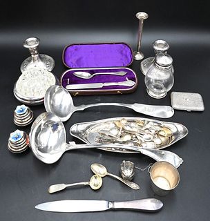 Sterling Silver Lot, to include one sterling silver ladle, one coin ladle, weighted silver, along with coin and sterling silver small spoons and small