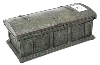 Tiffany Studios Bronze Jewel Box, in the form of a treasure chest, having original liner, marked Tiffany Studios, New York, 1666, height 2 3/4 inches,