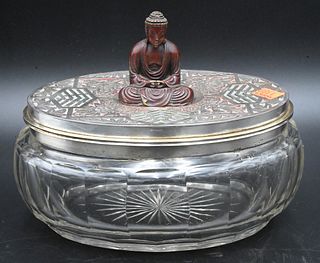 Oriental Style Art Deco Covered Oval Glass Box, having seated Buddha finial on silver plated Art Deco designed cover, height 7 inches, length 8 1/4 in