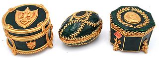 Group of Three Lazaro NY Trinket Boxes, to include green enameled bronze marked Lazaro NY, largest height 3 inches, diameter 4 1/2 inches.