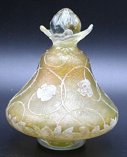 Emile Galle Style Art Glass Perfume Bottle, acid etched with scrolling vines and flowers, marked E. Galle on bottom, height 6 inches.
