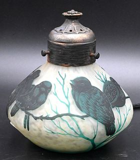 Muller Freres Cameo Glass Perfume Lamp, decorated with birds perched on branches, height 6 inches.