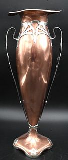 Gorham Authentic Silver and Copper Vase, having two handles, top dented, height 20 inches.