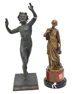 Two Bronze Figures, to include Seifert standing figure on marble base, along with a bronze of a Roman nude male figure; height 13 inches.
