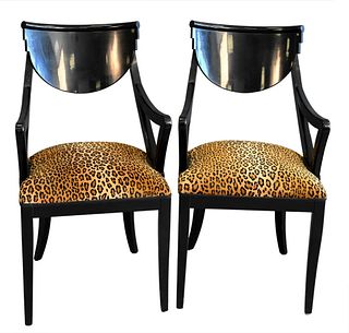 Pair of Black Lacquered Armchairs, having faux leopard print seats, height 36 1/2