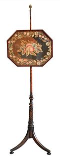 Rosewood Fire Screen, having brass inlay and needlepoint under glass, total height 55 1/2 inches, screen size 13" x 16".