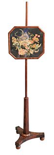 Empire Mahogany Fire Screen, silk needlework under glass, height 58 1/2 inches, screen size 13"x14"