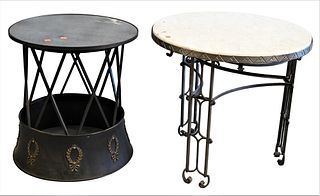 Two Occasional Tables, one in Art Deco style having marble top, height 22 inches, diameter 24 inches; along with a Neoclassical style mirrored top, he