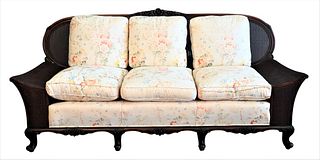 Three Piece Mahogany Parlor/Sun Porch Set, to include sofa and two armchairs, caned with upholstery, one small imperfection of caning to back of one c