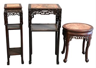 Three Chinese Teak Stands, all having inset marble tops; height 32 inches, top 9" x 9"; height 32 inches, top 12" x 17"; along with height 20 inches, 