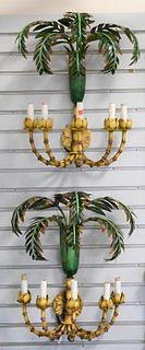 Pair of Large Tole Palm Tree Sconces, in the form of bamboo or palm trees having four lights, height 24 inches.