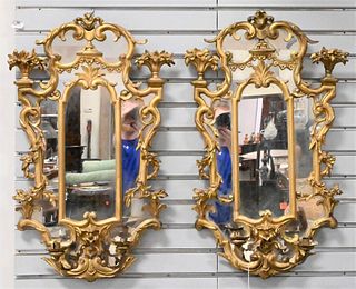 Pair of Gilt Decorated Girandole Mirrors, each having two candle holders, 32" x 20".