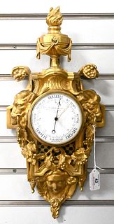 J.B. Delettrez French Bronze Barometer, having flaming urn finial over gilt bronze body with rams heads over mask, enameled dial marked J.B. Delettrez