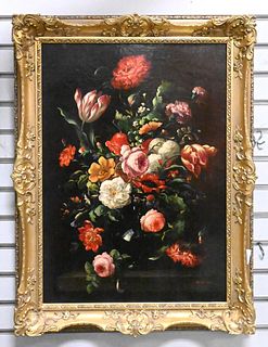 Still Life of Flowers, oil on canvas, in ornate frame, signed lower right "W. Kiw___", 27 1/2" x 19 1/2".