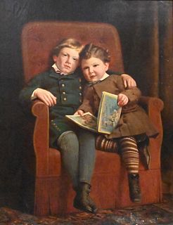 Portrait of Two Young Boys, reading a children's book in an upholstered chair, oil on canvas laid on board, unsigned, 36" x 28".