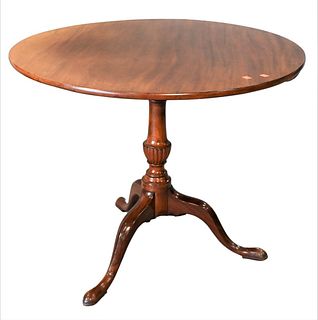 Mahogany Round Top Tip Table, on pedestal with fluted urn, set on tripod base, probably Massachusetts circa 1800, height 28 1/2 inches, top 35 1/2" x 