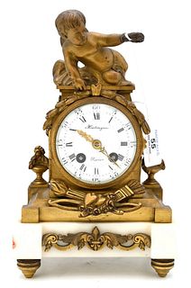 Hartingue French Bronze Figural Mantle Clock, having winged putti over round enameled clock face on white alabaster base, height 10 inches.