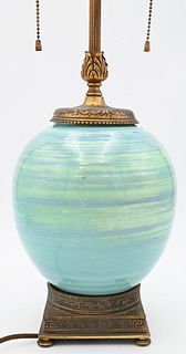 Cowan Pottery Vase, having bronze mounts, made into a table lamp, total height 20 inches.