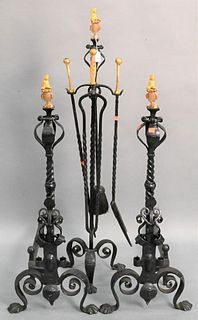 Three Piece Iron Fire Set, to include andirons and tool holder, andiron height 37 inches.