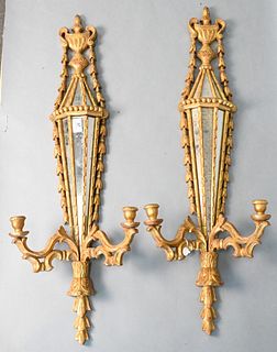 Pair of Gilt Wood and Mirror Candle Sconces, height 36 inches.