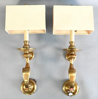 Pair of Scrolled Brass Sconces, electrified, total height 29 inches.