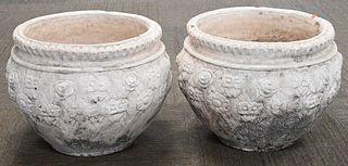 Pair of Round Cement Urns, height 17 1/2 inches, diameter 21 inches.