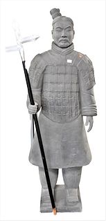 Pair of Large Chinese Standing Warrior Figures, grey painted life size terracotta statues, height 76 inches, width 26 inches.