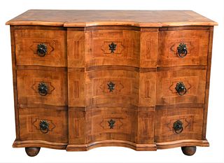 Continental Style Inlaid Commode, having three drawers on suppressed ball feet, height 32 inches, top 21" x 44".