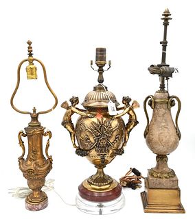 Group of Three French Style Table Lamps, to include marble urn form, bronze figural with partially clad winged figures, along with a small bronze urn;