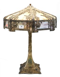 Victorian Slag Glass Lamp, having six panels, height 25 inches.