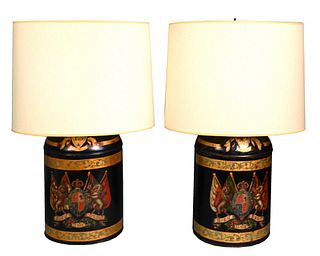 Pair of Tole Canister Lamps, to include black tole having painted coat of arms with lion and unicorn, height 30 inches