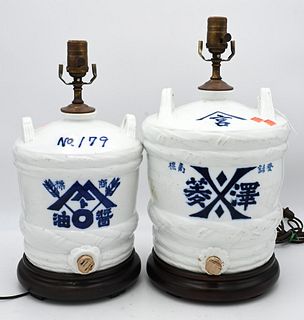 Two Blue and White Saki Jugs, made into table lamps, height 18 inches.