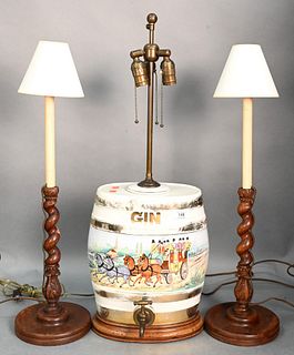 Group of Three Table Lamps, to include Victorian ceramic gin spirit barrel, having painted landscape with house and carriage; along with a pair of car