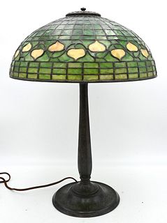 Tiffany Acorn Table Lamp, having 16 inch diameter shade, marked Tiffany New York on bronze, three socket base marked Tiffany Studios New York 534, hei