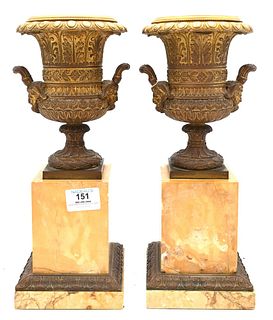 Pair of Grand Tour Urns, on sienna marble plinth, height 13 inches.