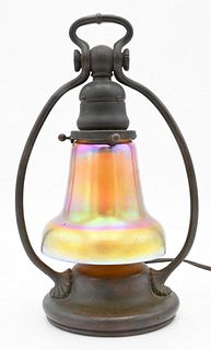 Tiffany Desk Lamp, bronze harp or bell form with art glass shade, marked Tiffany Studios New York 420, height 11 inches.